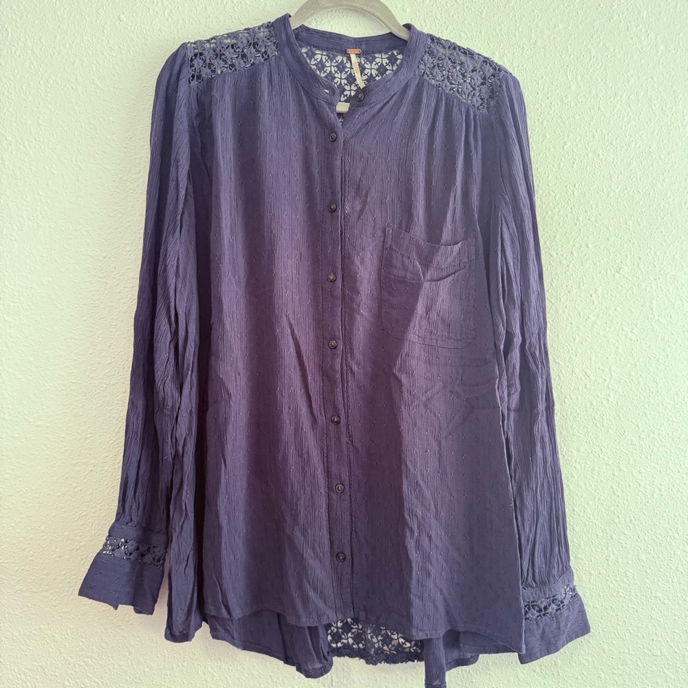 Free People The Best Button Down Mesh Back Long‎ Sleeve Blouse Top Size M - Picture 3 of 10